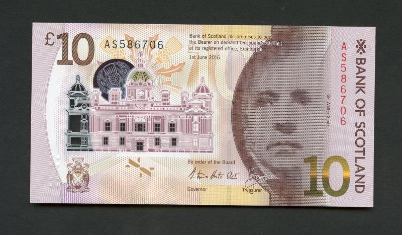 Bank of Scotland £10 Ten Pounds Note New Polymer Type Dated 1st June 2016