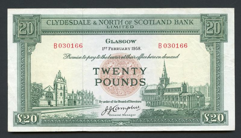 The Clydesdale Bank & North of Scotland Ltd  £20 Twenty Pounds Banknote Dated 1st February 1958