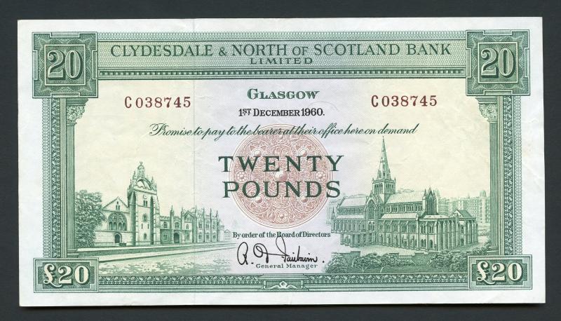 The Clydesdale Bank & North of Scotland Ltd  £20 Twenty Pounds Banknote Dated 1st December 1960