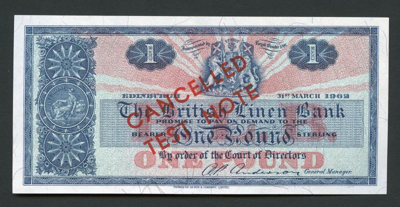 British Linen Bank £1 One Pound Banknote Cancelled Test Note Dated 31st March 1962  No Serial Number