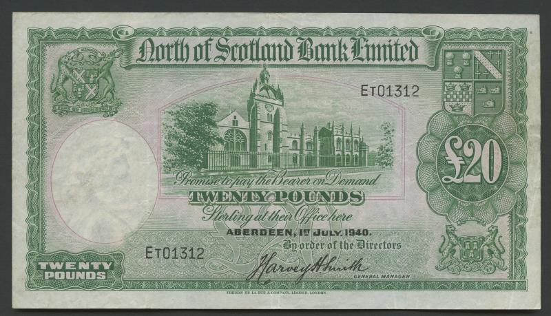 North of Scotland Bank £20 Twenty Pounds Note Dated 1st July 1940
