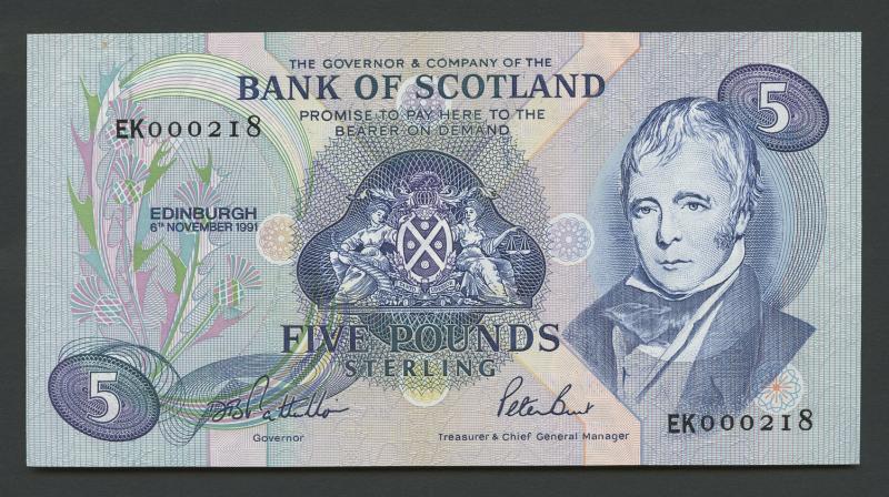 Bank of Scotland £5 Five  Pound Note Dated  6th November 1991 Low Number Serial EK 000218