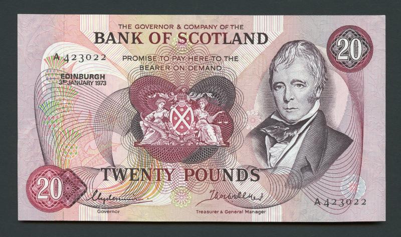 Bank of Scotland  £20 Twenty  Pounds Note Dated  3rd January 1973