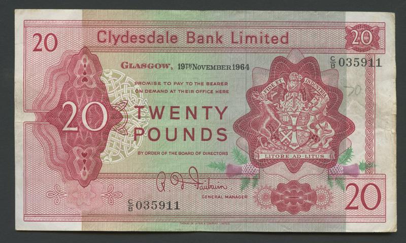 Clydesdale bank   £20 Twenty Pounds Note Dated 19th November 1964