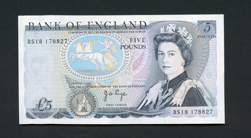 Bank of England  £5 Five Pounds Notes  November 1971  Signatory J B Page
