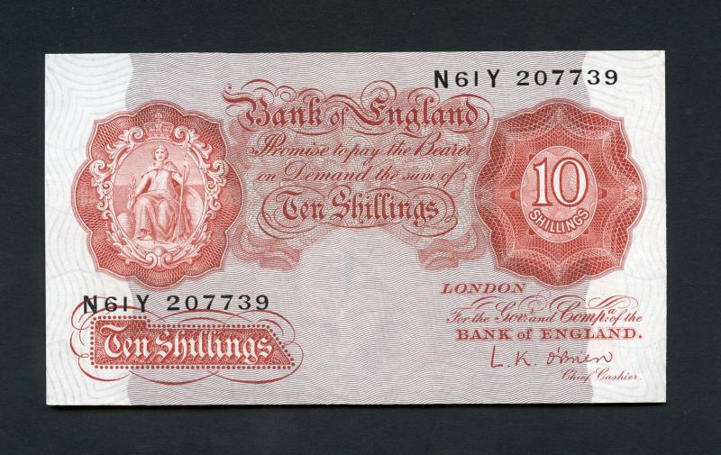 Bank of England Ten Shillings Note  November 1955 Signature L. K. O'Brien
