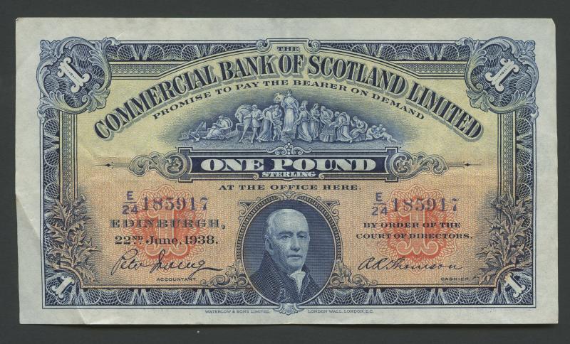 The Commercial Bank of Scotland  £1 One Pound Note Dated 22nd June 1938