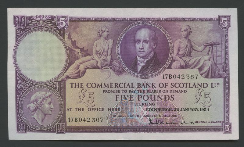 The Commercial Bank of Scotland  £5 Five Pounds Note Dated 2nd January 1954