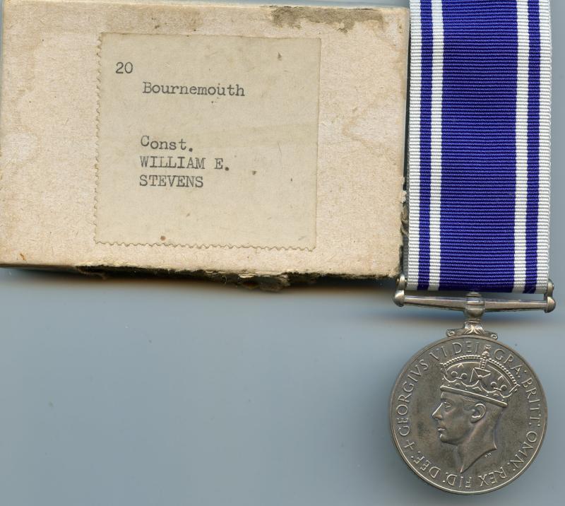 Police Long Service Medal : George VI Constable William E Stevens. Bournemouth Police