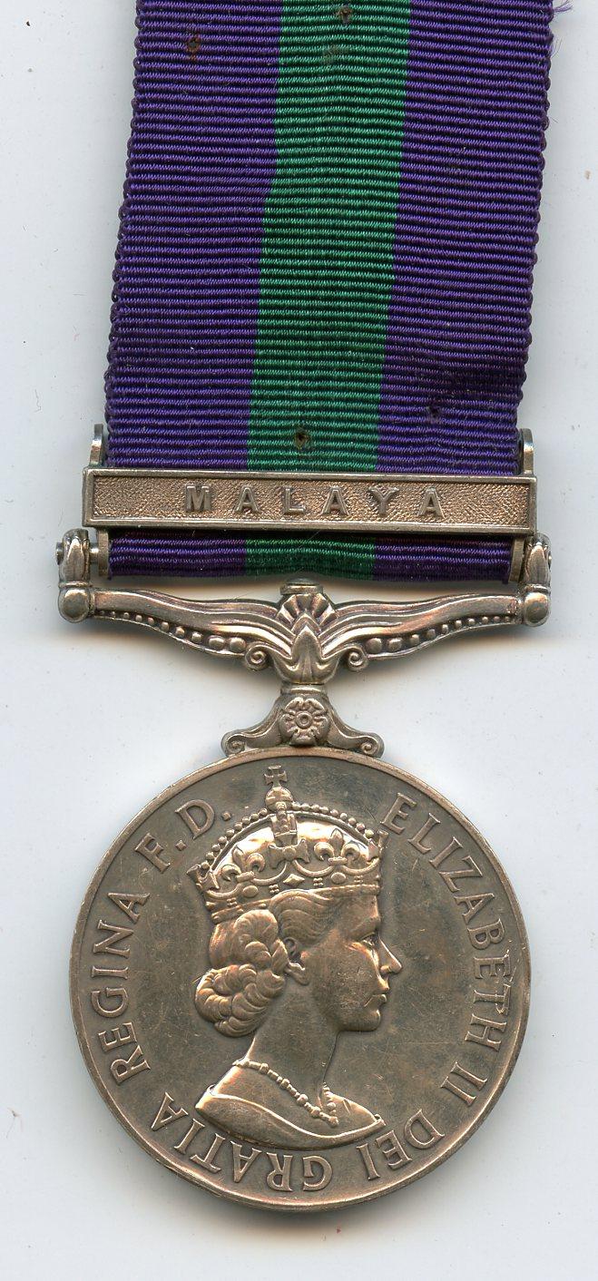 General Service Medal 1918-62 1 Clasp Malaya to Trooper B Burgess,  13/18th Hussars