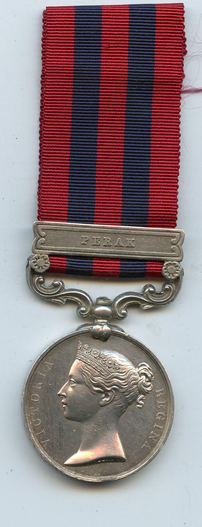 India General Service Medal 1854-95 Clasp Perak PTE. J. CRANAHAM. 1/3RD FOOT (The Buffs, the East Kent Regiment.)