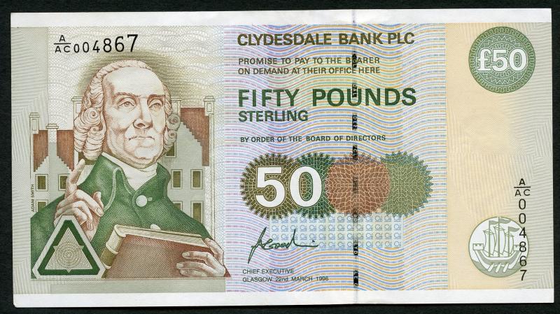 The Clydesdale Bank  PLC £50 Fifty  Pounds Banknote Dated 22nd March 1996
