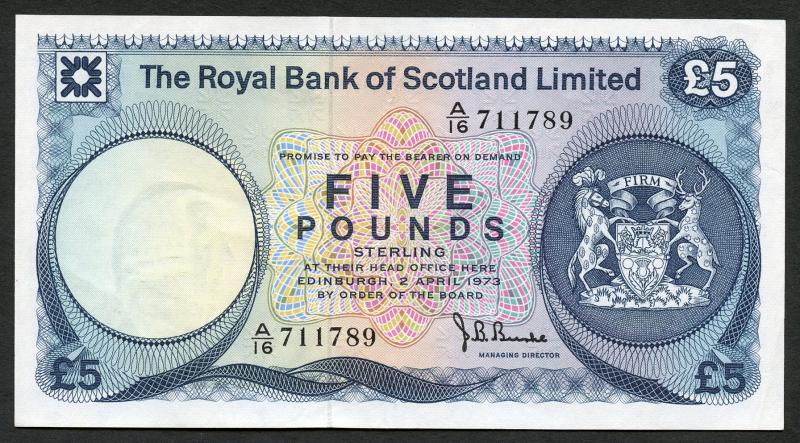 Royal Bank Of Scotland £5 Five Pounds Note  Dated 2nd April 1973