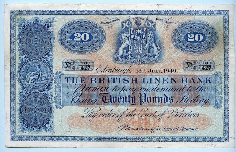 British Linen Bank £20 Twenty Pounds Banknote Dated 18th of July 1949
