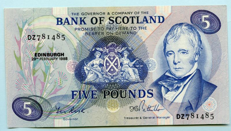 Bank of Scotland £5 Five  Pounds Note Dated 29th February 1988