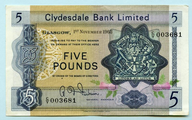 Clydesdale Bank £5 Five Pounds Note Dated  1st November 1968