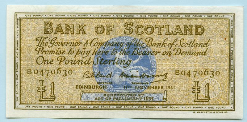 Bank of Scotland £1 One  Pound Note Dated 17th November 1961