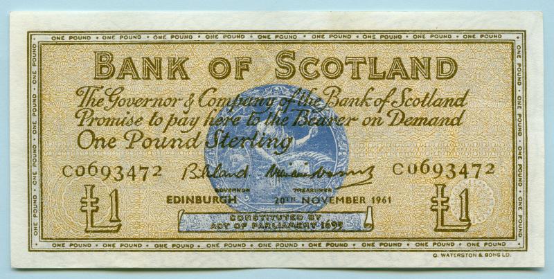 Bank of Scotland £1 One  Pound Note Dated 20th November 1961