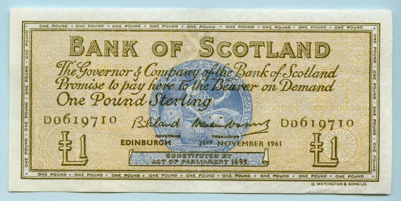Bank of Scotland £1 One  Pound Note Dated 21st November 1961