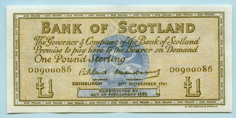 Bank of Scotland £1 One  Pound Note Dated 21st November 1961