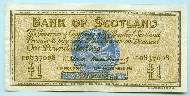 Bank of Scotland £1 One  Pound Note Dated 23rd November 1961