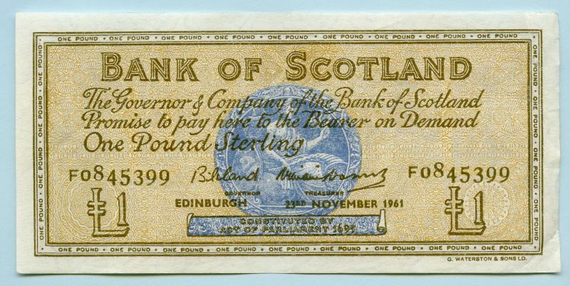 Bank of Scotland £1 One  Pound Note Dated 23rd November 1961