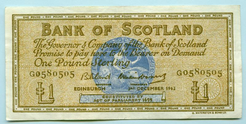 Bank of Scotland £1 One  Pound Note Dated 3rd December 1962