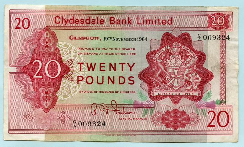 Clydesdale bank   £20 Twenty Pounds Note Dated 19th November 1964