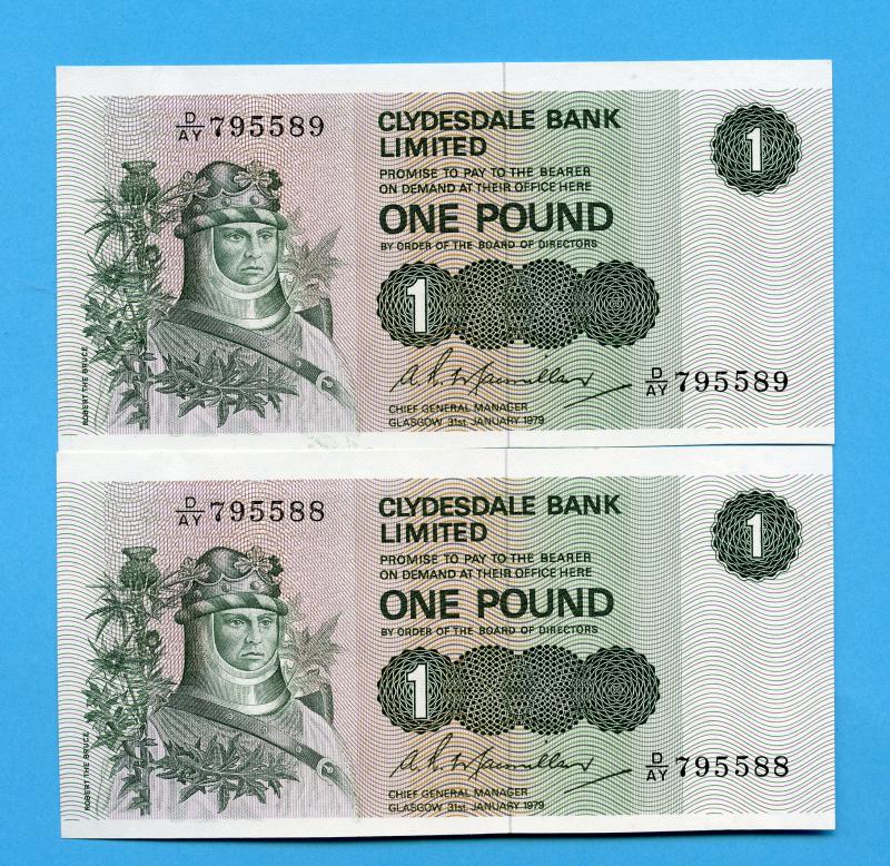 Pair of Clydesdale Bank  £1 One  Pound Notes Dated 31st January 1979