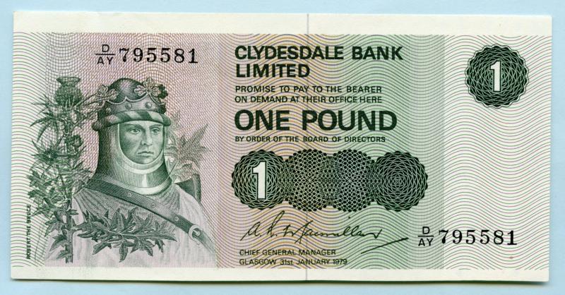 Clydesdale Bank  £1 One  Pound Note Dated 31st January 1979