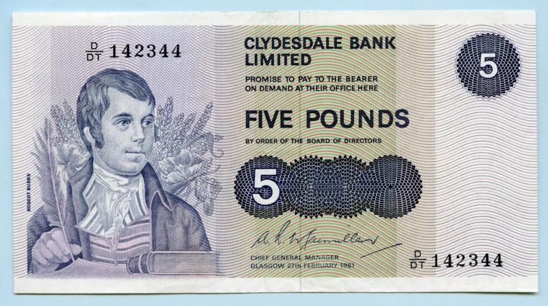 Clydesdale Bank £5 Five Pounds Note Dated 27th February 1981