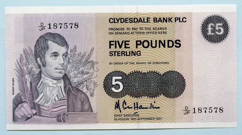 Clydesdale Bank £5 Five Pounds Note Dated 18th September 1987