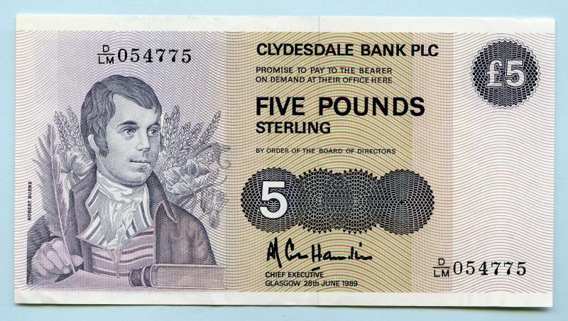 Clydesdale Bank £5 Five Pounds Note Dated 28th June 1989
