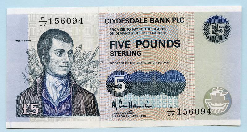 Clydesdale Bank £5 Five Pounds Note Dated 2nd April 1990