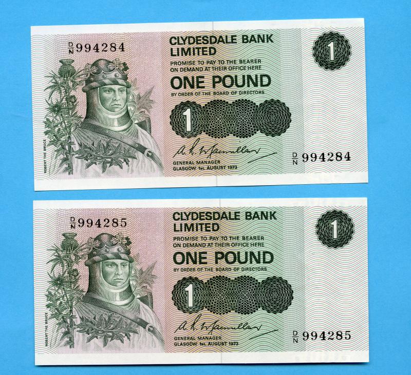 Pair of Clydesdale Bank  £1 One  Pound Notes Dated 1st August 1973