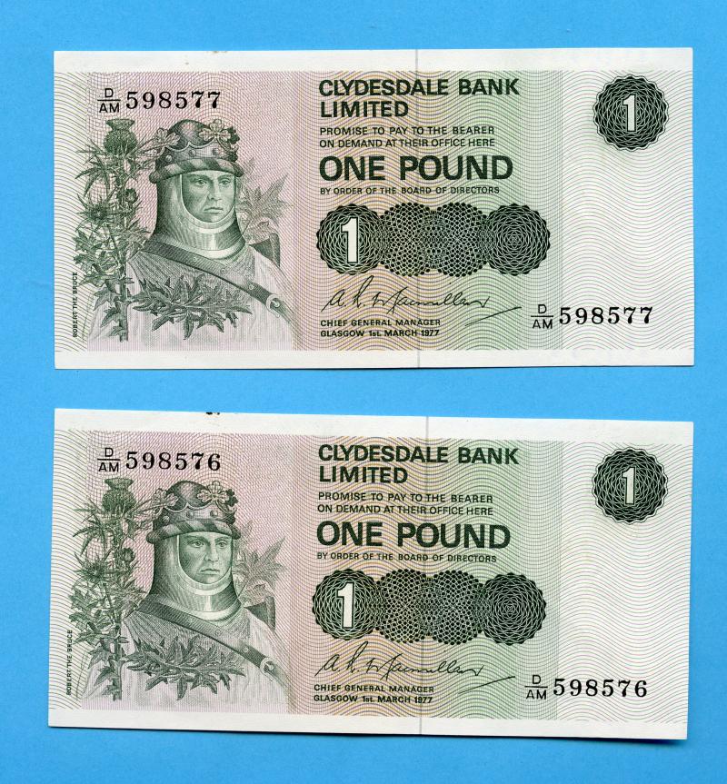 Pair of Clydesdale Bank  £1 One  Pound Notes Dated 1st March 1977