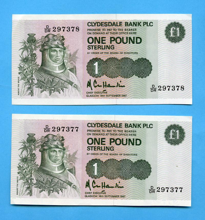 Pair Clydesdale Bank £1 One Pound Notes Dated 18th September 1987