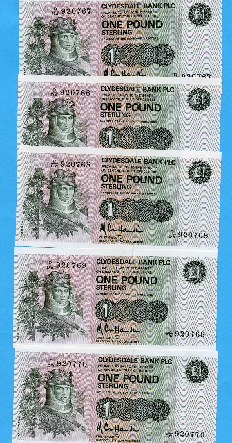 5 X  Clydesdale Bank £1 One Pound Notes Dated 9th November 1988