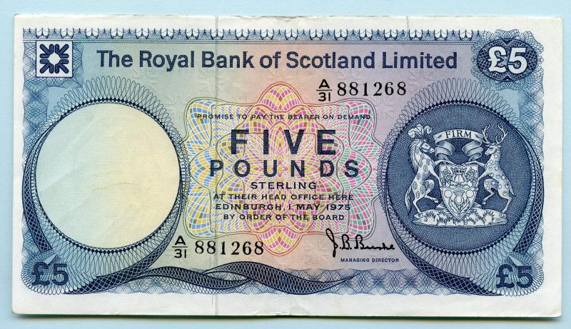 Royal Bank Of Scotland £5 Five Pounds Note  Dated 1st May 1975
