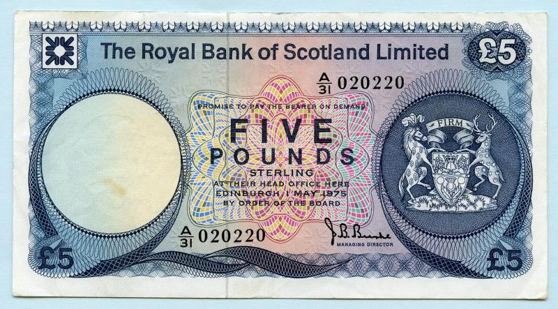 Royal Bank Of Scotland £5 Five Pounds Note  Dated 1st May 1975