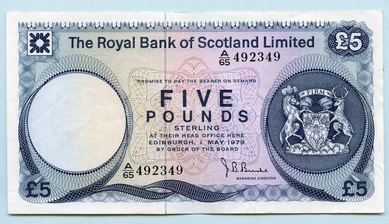 Royal Bank Of Scotland £5 Five Pounds Note  Dated 1st May 1979