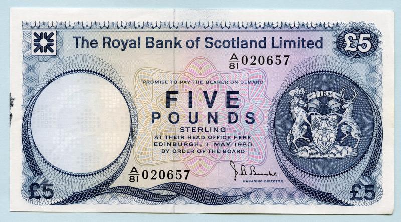 Royal Bank Of Scotland £5 Five Pounds Note  Dated 1st May 1980