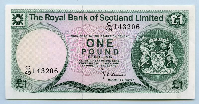Royal Bank of Scotland  £1 One Pound Note  Dated  1st May 1981