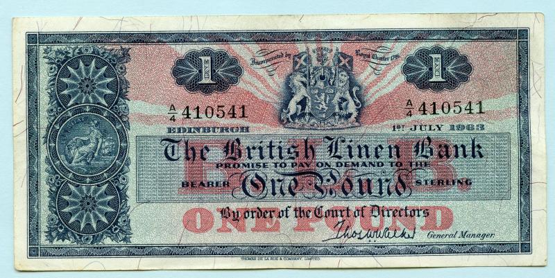 British Linen Bank £1 One Pound Banknote Dated 1st July 1963