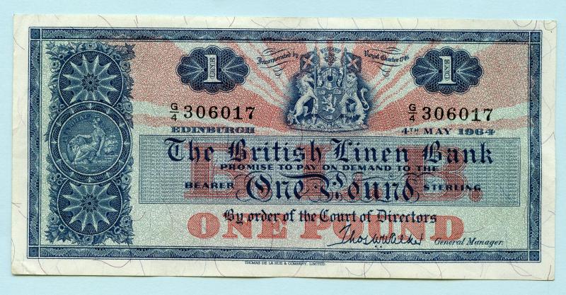 British Linen Bank £1  One Pound Banknote Dated 4th May 1964