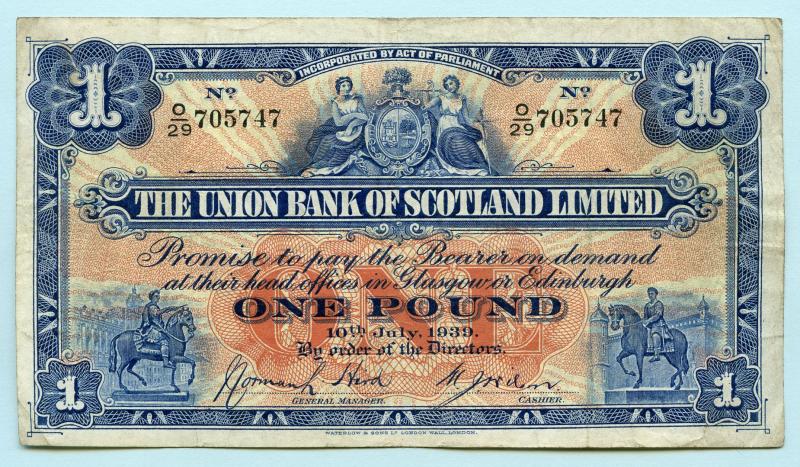 The Union Bank of Scotland £1 One Pound Banknote Dated 10th July 1939