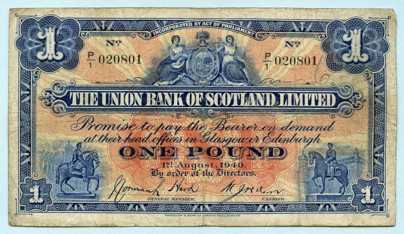 The Union Bank of Scotland £1 One Pound Banknote Dated 1st August 1940