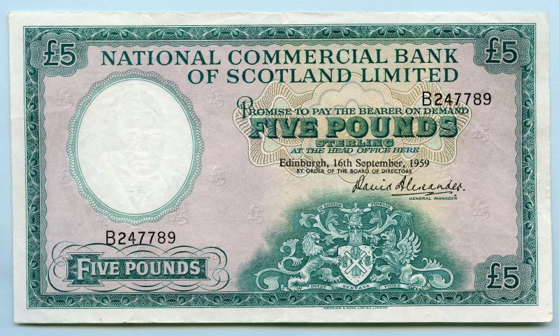 National Commercial Bank of Scotland  £5 Five Pounds Banknote Dated Edinburgh 16th September 1959