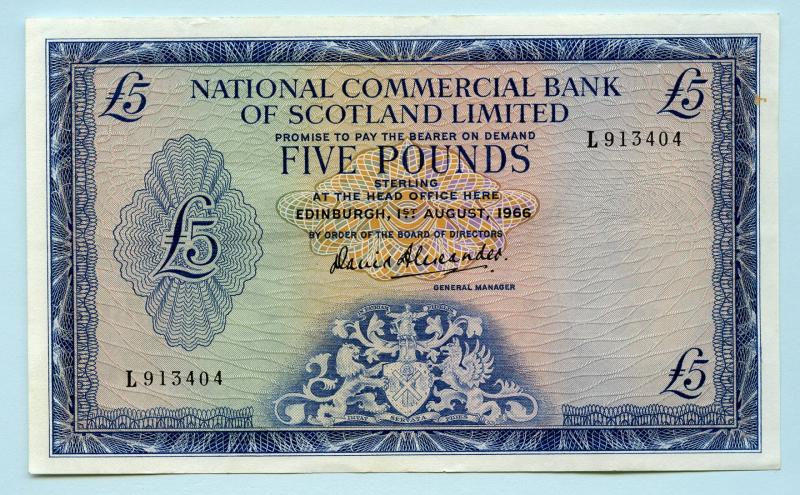 National Commercial Bank of Scotland  £5  Five Pounds Banknote Dated 1st August 1966