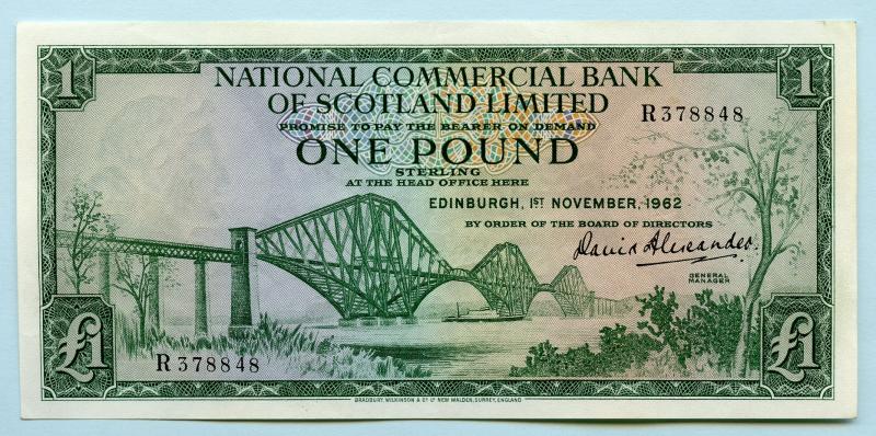 National Commercial Bank of Scotland  £1 One Pound Banknote Dated  1st November 1962